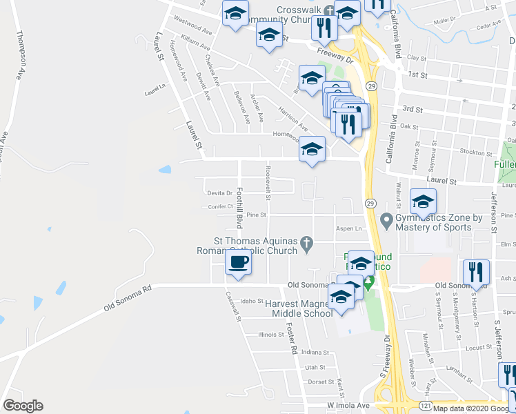 map of restaurants, bars, coffee shops, grocery stores, and more near 2803 Cypress Street in Napa