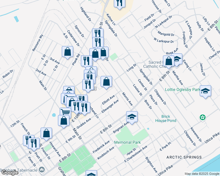 map of restaurants, bars, coffee shops, grocery stores, and more near 1539 Lynndale Drive in Jeffersonville