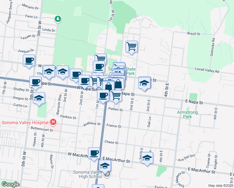 map of restaurants, bars, coffee shops, grocery stores, and more near 8 East Napa Street in Sonoma