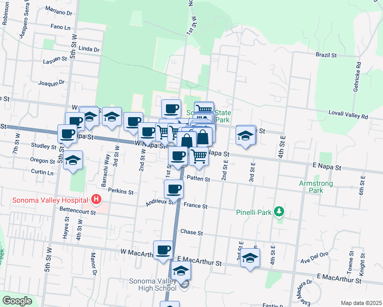 map of restaurants, bars, coffee shops, grocery stores, and more near 8 East Napa Street in Sonoma