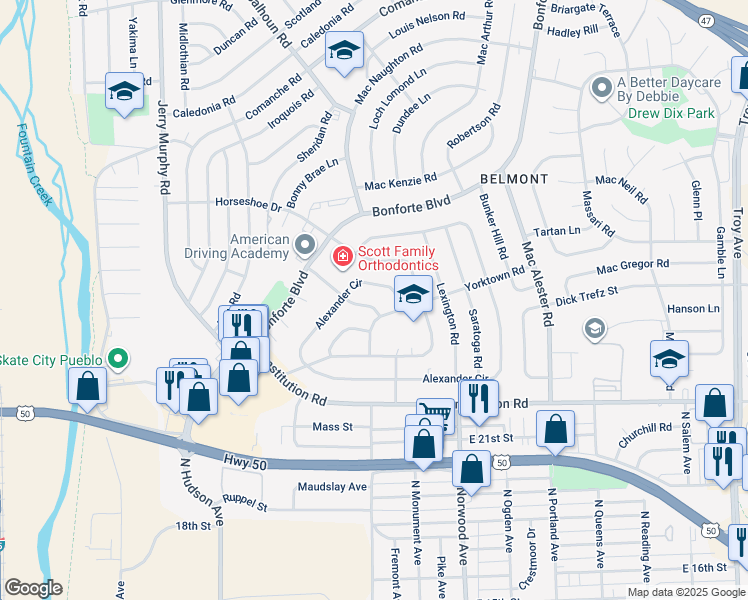 map of restaurants, bars, coffee shops, grocery stores, and more near 915 Alexander Circle in Pueblo