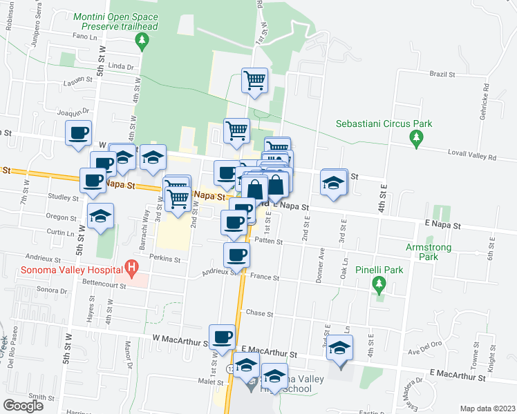 map of restaurants, bars, coffee shops, grocery stores, and more near 11 East Napa Street in Sonoma
