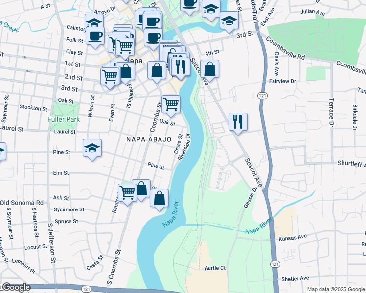 map of restaurants, bars, coffee shops, grocery stores, and more near 411 Riverside Drive in Napa