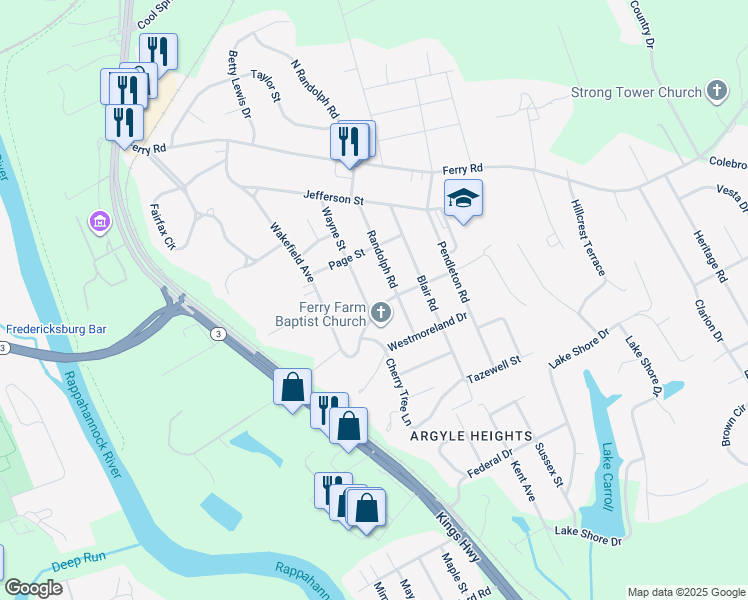 map of restaurants, bars, coffee shops, grocery stores, and more near 30 Wayne Street in Fredericksburg