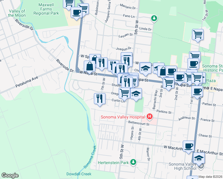 map of restaurants, bars, coffee shops, grocery stores, and more near 583 6th Street West in Sonoma