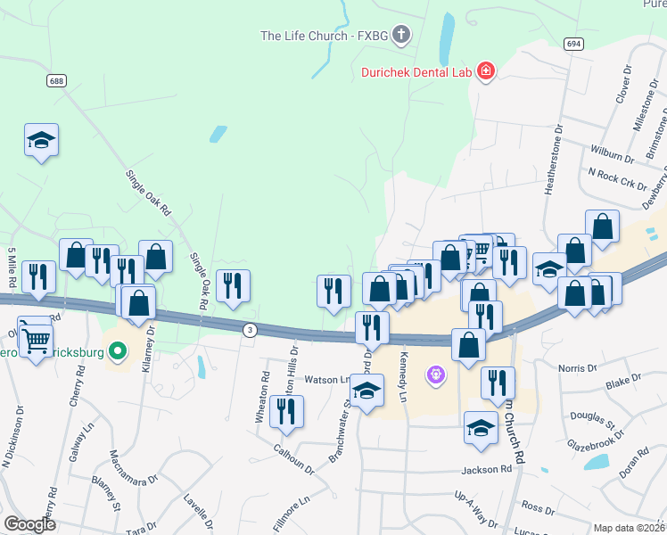 map of restaurants, bars, coffee shops, grocery stores, and more near 1205 Bernstein Road in Fredericksburg