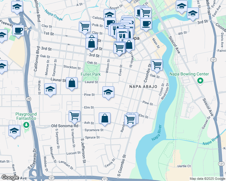 map of restaurants, bars, coffee shops, grocery stores, and more near 452 Wilson Street in Napa