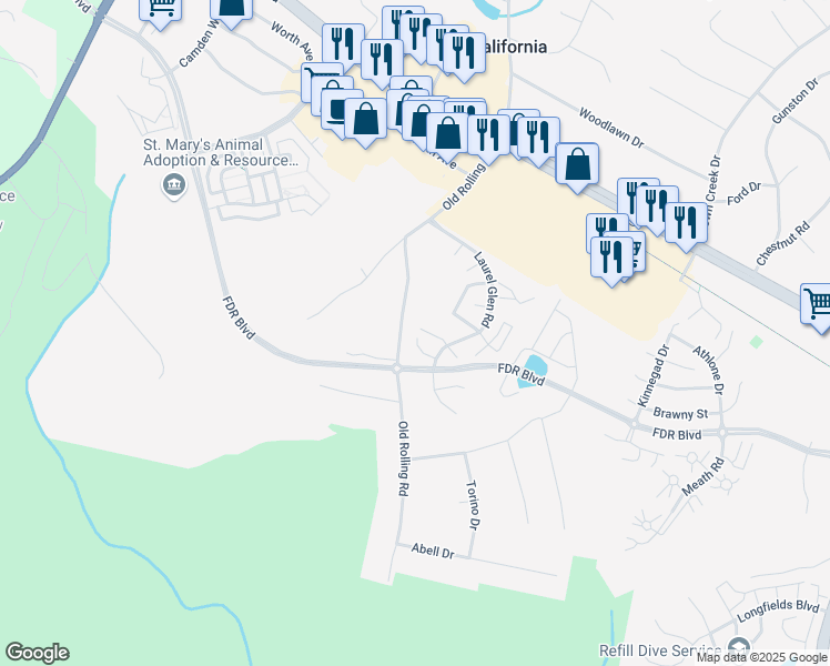 map of restaurants, bars, coffee shops, grocery stores, and more near 45231 Billy Way in California