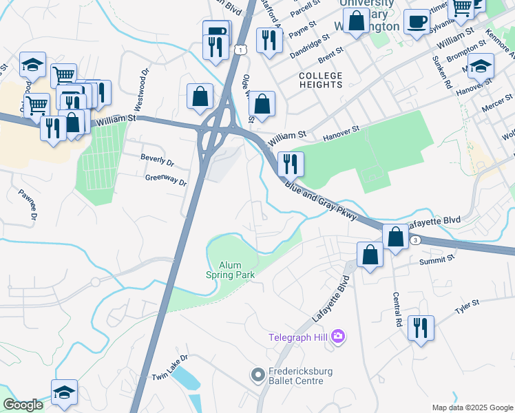 map of restaurants, bars, coffee shops, grocery stores, and more near 404 Greenbrier Court in Fredericksburg