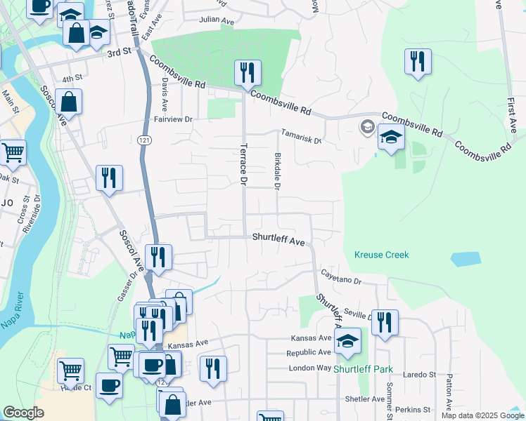 map of restaurants, bars, coffee shops, grocery stores, and more near 1057 Birkdale Drive in Napa
