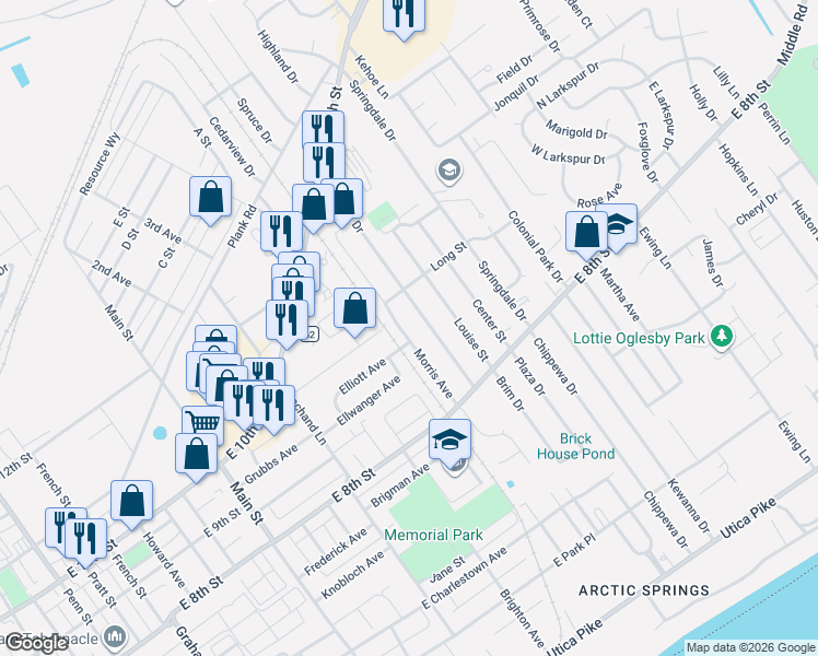 map of restaurants, bars, coffee shops, grocery stores, and more near 911 Morris Avenue in Jeffersonville