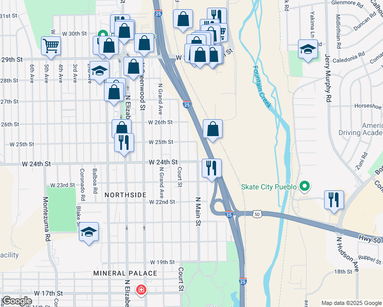map of restaurants, bars, coffee shops, grocery stores, and more near 2416 Court Street in Pueblo