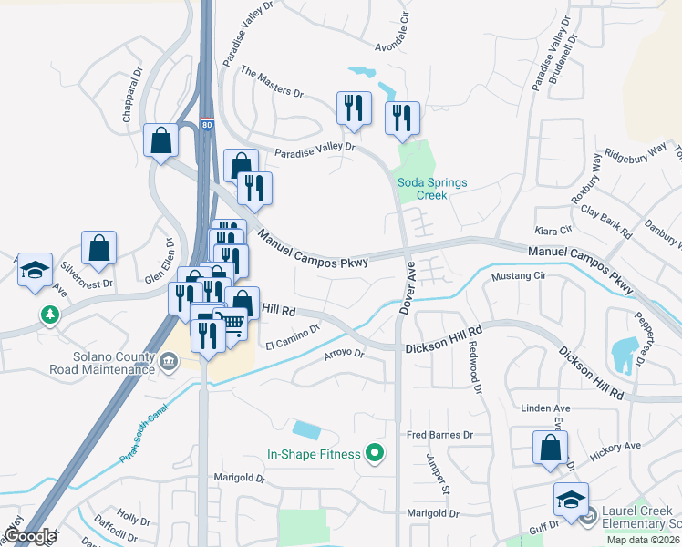map of restaurants, bars, coffee shops, grocery stores, and more near 526 Fiesta Court in Fairfield