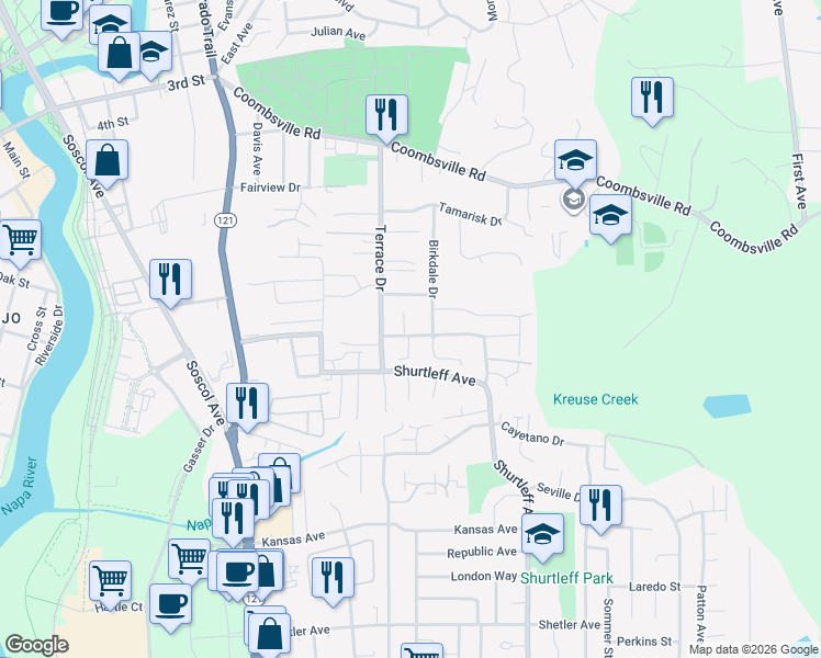 map of restaurants, bars, coffee shops, grocery stores, and more near 1057 Birkdale Drive in Napa