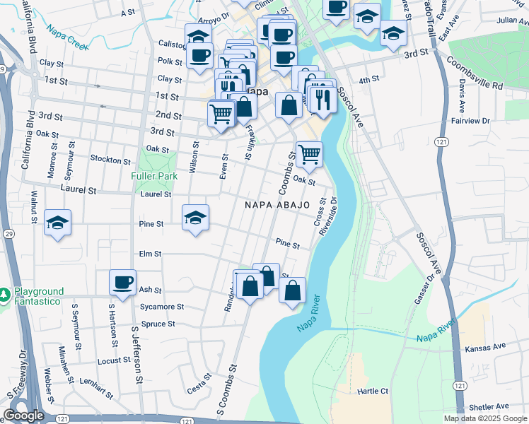 map of restaurants, bars, coffee shops, grocery stores, and more near 1219 Laurel Street in Napa