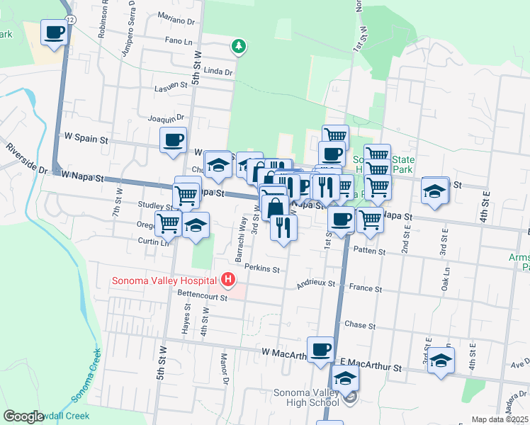 map of restaurants, bars, coffee shops, grocery stores, and more near 245 West Napa Street in Sonoma