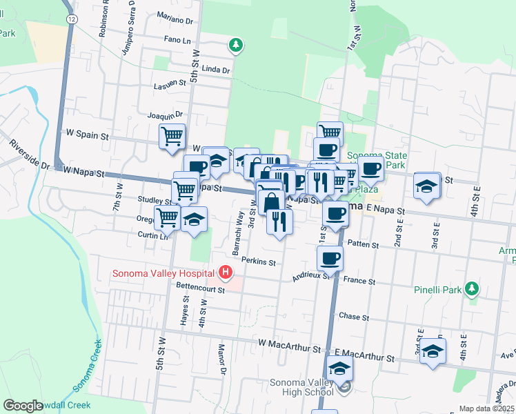 map of restaurants, bars, coffee shops, grocery stores, and more near 245 West Napa Street in Sonoma