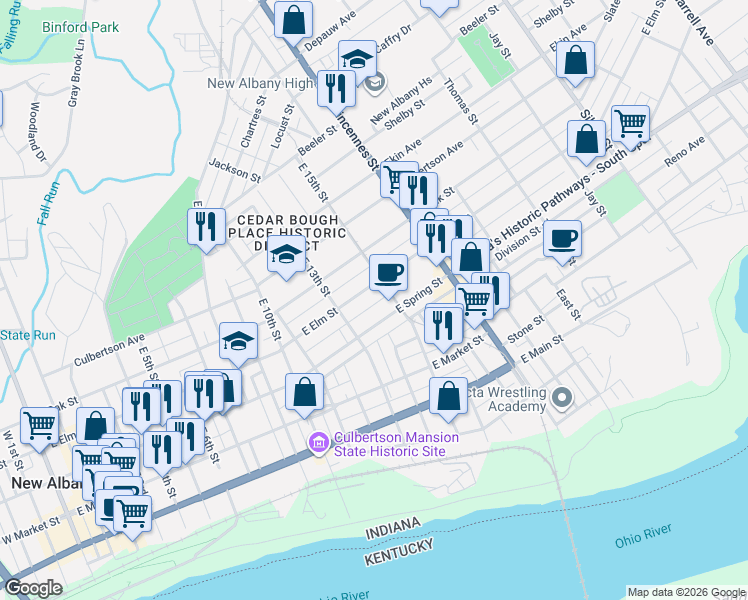 map of restaurants, bars, coffee shops, grocery stores, and more near 1406 East Elm Street in New Albany