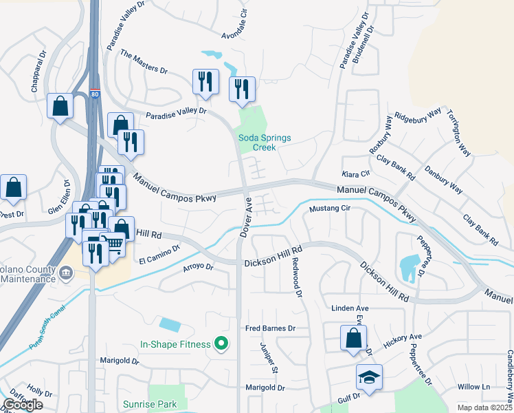 map of restaurants, bars, coffee shops, grocery stores, and more near 705 Otter Court in Fairfield