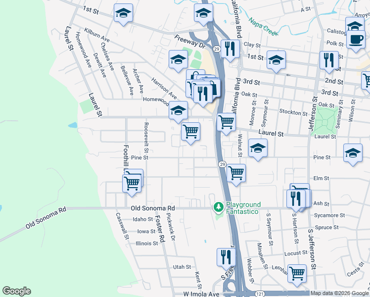 map of restaurants, bars, coffee shops, grocery stores, and more near 2660 Pine Street in Napa