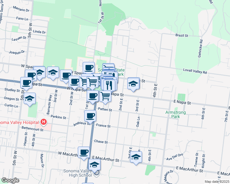 map of restaurants, bars, coffee shops, grocery stores, and more near 156 East Napa Street in Sonoma