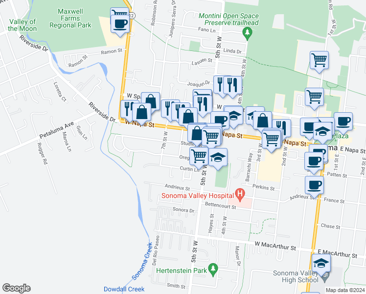 map of restaurants, bars, coffee shops, grocery stores, and more near 562 6th Street West in Sonoma
