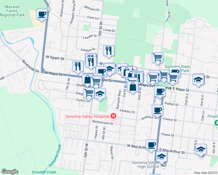 map of restaurants, bars, coffee shops, grocery stores, and more near 401 West Napa Street in Sonoma