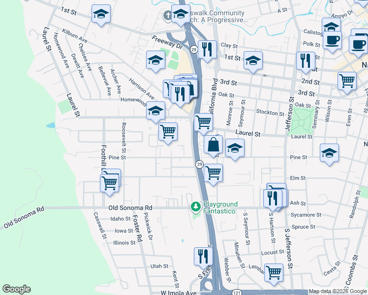 map of restaurants, bars, coffee shops, grocery stores, and more near 473 Maple Street in Napa