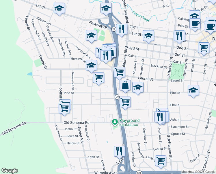 map of restaurants, bars, coffee shops, grocery stores, and more near 467 Maple Street in Napa
