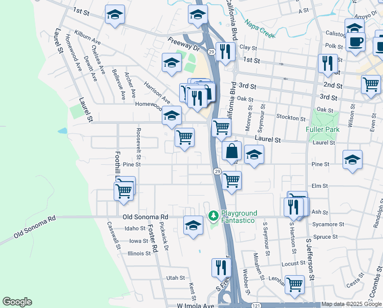 map of restaurants, bars, coffee shops, grocery stores, and more near 316 Hickory Street in Napa