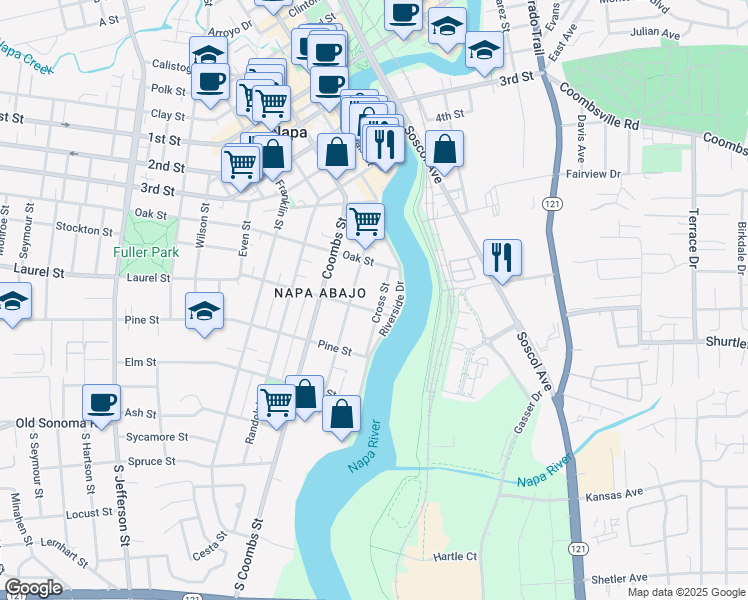map of restaurants, bars, coffee shops, grocery stores, and more near 423 Cross Street in Napa
