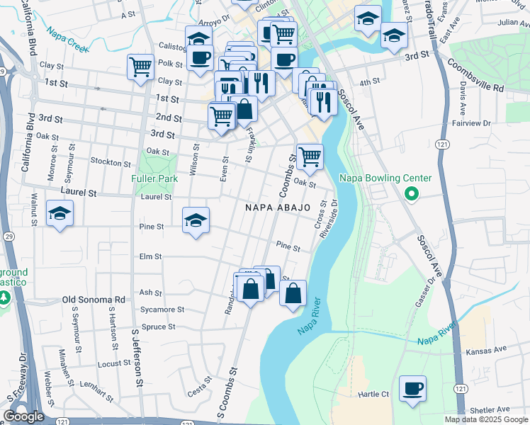 map of restaurants, bars, coffee shops, grocery stores, and more near 1219 Laurel Street in Napa