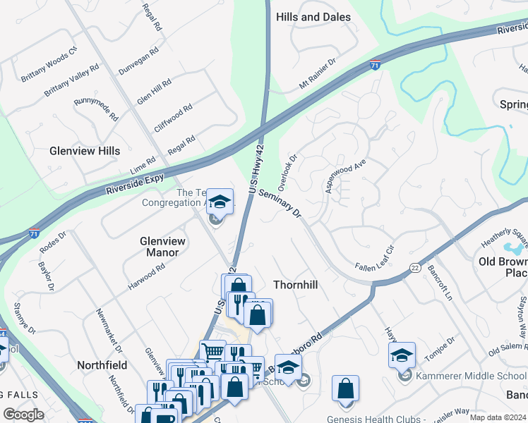 map of restaurants, bars, coffee shops, grocery stores, and more near 6600 Seminary Woods Place in Louisville