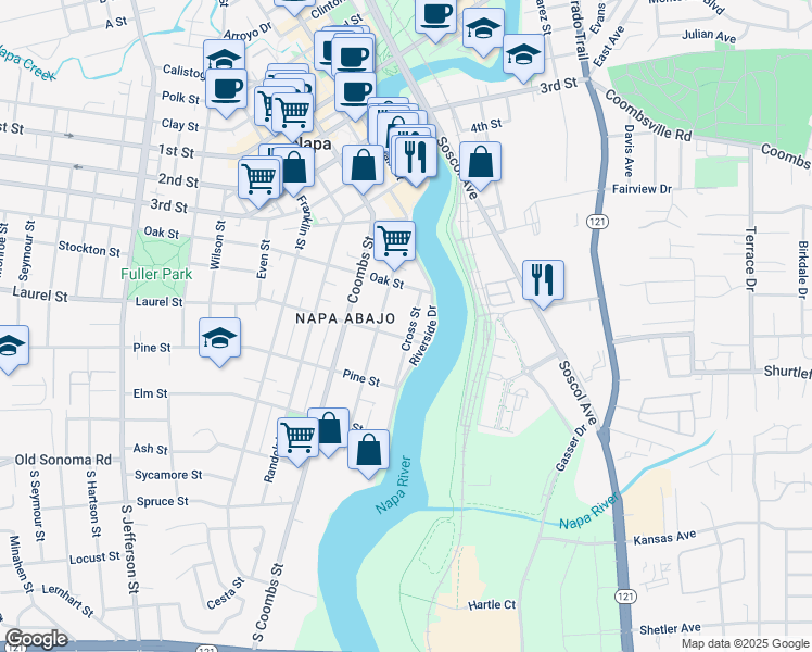 map of restaurants, bars, coffee shops, grocery stores, and more near 423 Cross Street in Napa