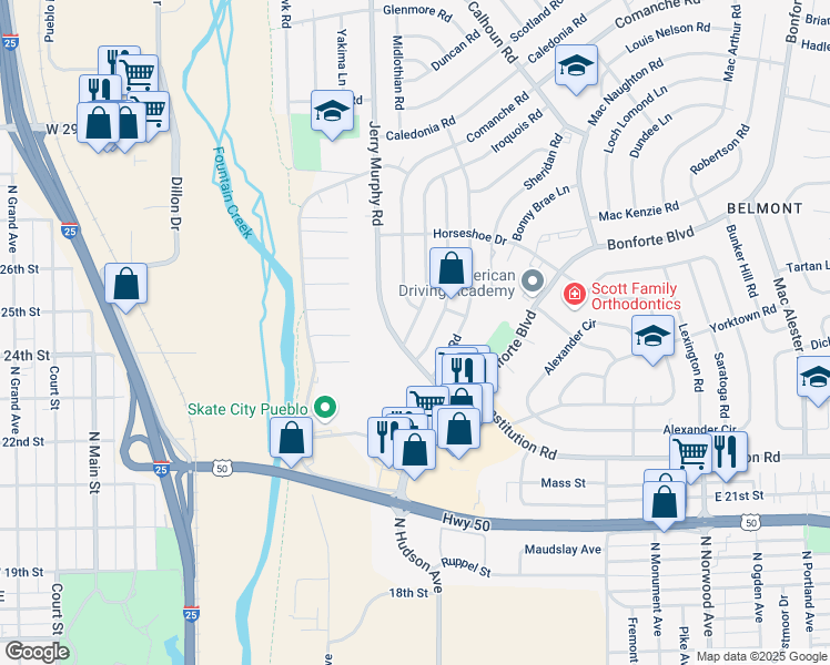 map of restaurants, bars, coffee shops, grocery stores, and more near 1508 Iroquois Road in Pueblo