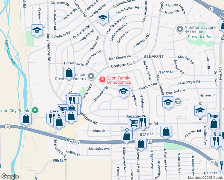 map of restaurants, bars, coffee shops, grocery stores, and more near 915 Alexander Cir in Pueblo