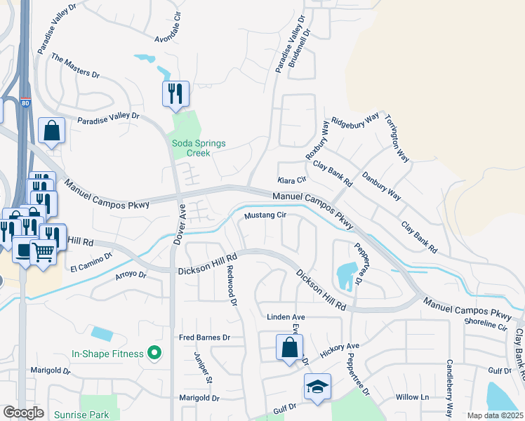 map of restaurants, bars, coffee shops, grocery stores, and more near 3270 Mustang Circle in Fairfield