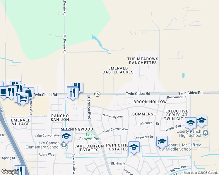 map of restaurants, bars, coffee shops, grocery stores, and more near 10635 Twin Cities Road in Galt