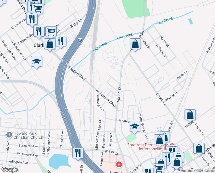 map of restaurants, bars, coffee shops, grocery stores, and more near 117 Frank Street in Jeffersonville