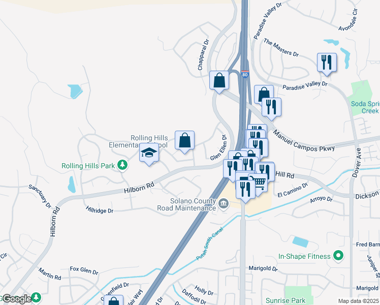 map of restaurants, bars, coffee shops, grocery stores, and more near 3417 Moss Valley Drive in Fairfield