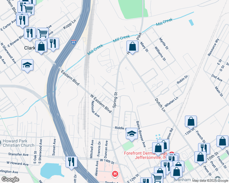 map of restaurants, bars, coffee shops, grocery stores, and more near 1909 Spring Street in Jeffersonville