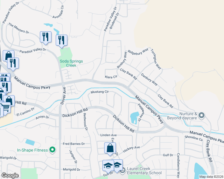map of restaurants, bars, coffee shops, grocery stores, and more near 3256 Mustang Circle in Fairfield