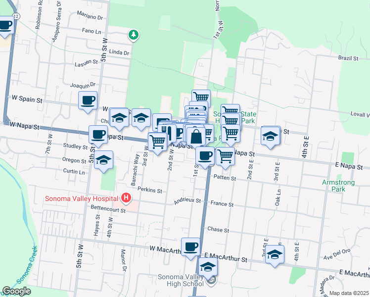 map of restaurants, bars, coffee shops, grocery stores, and more near 153 West Napa Street in Sonoma