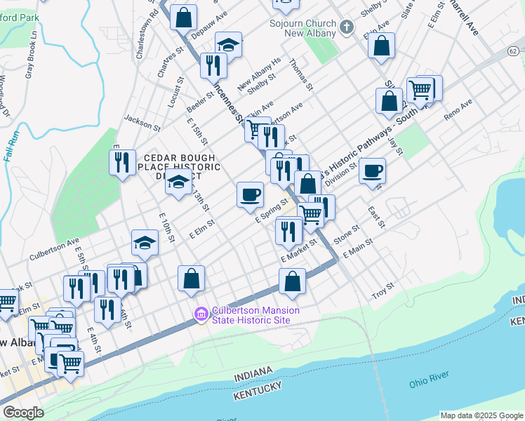 map of restaurants, bars, coffee shops, grocery stores, and more near 1509 East Spring Street in New Albany