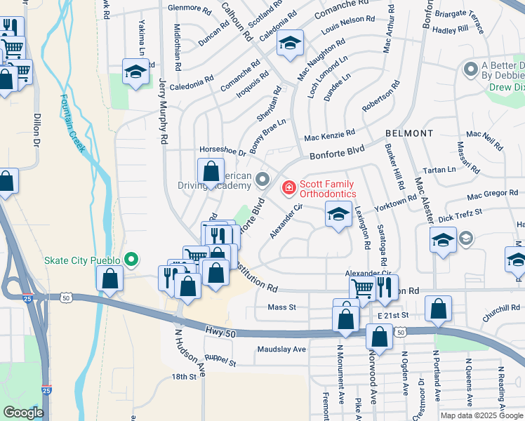 map of restaurants, bars, coffee shops, grocery stores, and more near 1552 Bonforte Boulevard in Pueblo
