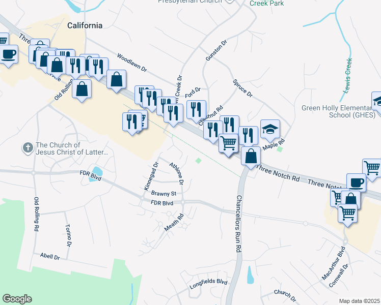 map of restaurants, bars, coffee shops, grocery stores, and more near 45588 Curley Court in Great Mills