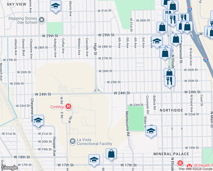 map of restaurants, bars, coffee shops, grocery stores, and more near 2422 8th Avenue in Pueblo