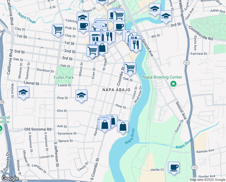 map of restaurants, bars, coffee shops, grocery stores, and more near 1219 Laurel Street in Napa