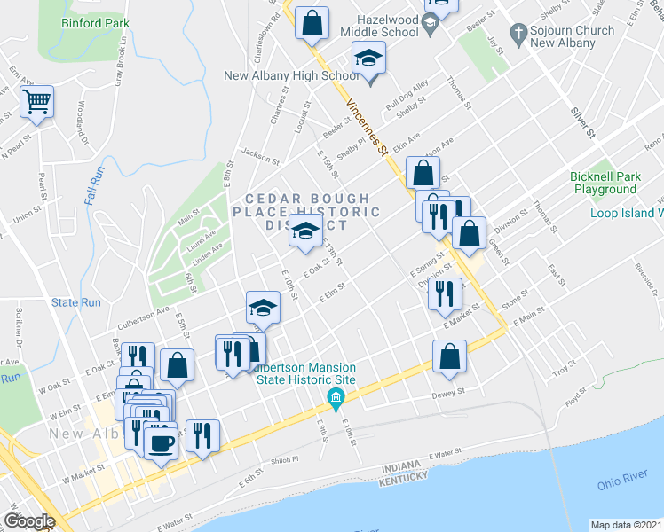 map of restaurants, bars, coffee shops, grocery stores, and more near 1203 East Oak Street in New Albany