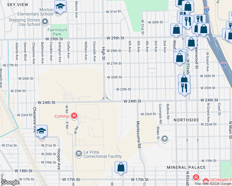 map of restaurants, bars, coffee shops, grocery stores, and more near 2422 8th Avenue in Pueblo